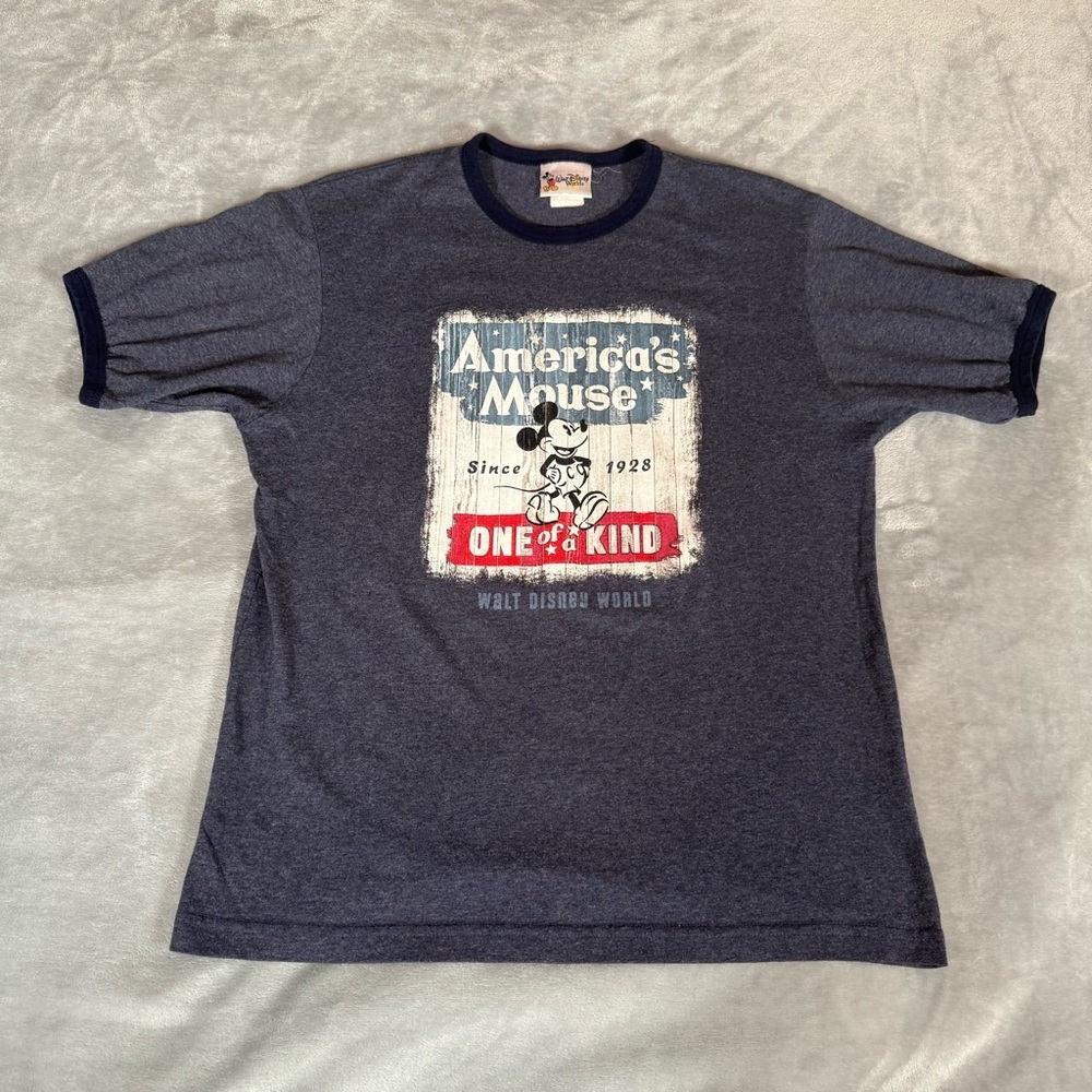 Vintage Disney Mickey Mouse Ringer T Shirt Mens Small America Blue Y2K